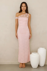 Wild Berry Whimsy Lace Off Shoulder Maxi Dress Pink