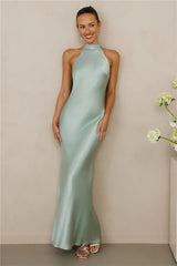 The Cleo Halter Satin Maxi Dress Sage