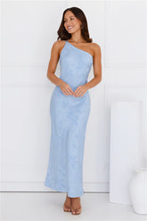 Exotic Bloom One Shoulder Satin Maxi Dress Blue