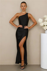 The Aurora One Shoulder Satin Maxi Dress Black