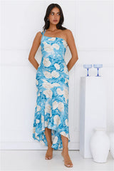 Whirl Of Color One Shoulder Satin Maxi Dress Blue