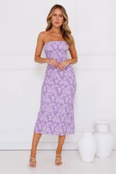 Frosted Floral Strapless Midi Dress Purple