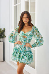 Tea Gardens Long Sleeve Mini Dress Green