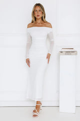 Curve Embrace Off Shoulder Mesh Maxi Dress White