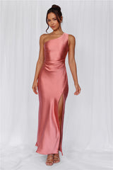 The Aurora One Shoulder Satin Maxi Dress Rose