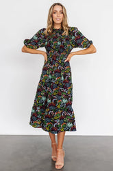 Lena Tiered Midi Dress | Black Multi Floral