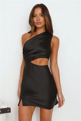 Dreamcatcher Satin One Shoulder Mini Dress Black