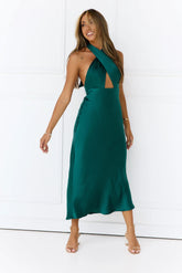 Twilight Glow Satin Halter Midi Dress Green