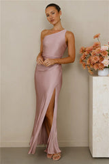 The Aurora One Shoulder Satin Maxi Dress Dusty Pink