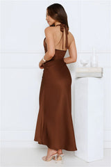 Unlimited Fun Satin Lace Halter Maxi Dress Brown