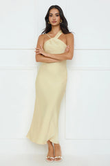 Whispering Palms Satin Midi Dress Yellow