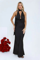 VIP Energy Satin Scarf Halter Maxi Dress Black