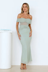 Swan Song Off Shoulder Mesh Maxi Dress Sage