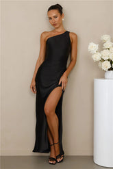 The Aurora One Shoulder Satin Maxi Dress Black