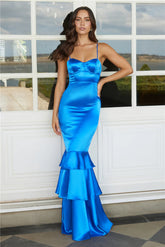 Exquisite Evening Satin Maxi Dress Blue