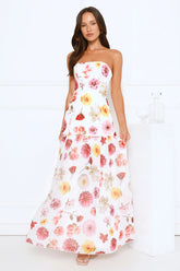 Floral Shine Strapless Maxi Dress White