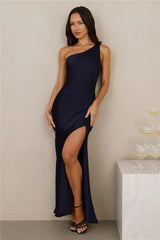 The Aurora One Shoulder Satin Maxi Dress Navy