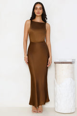 Unveiled Sophistication Satin Maxi Dress Chocolate