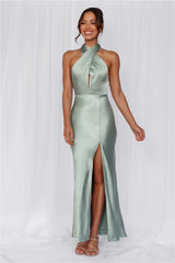 The Adeline Halter Satin Maxi Dress Sage