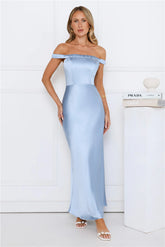 Formal Hourglass Off Shoulder Satin Maxi Dress Blue