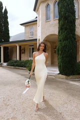 The Evangeline One Shoulder Satin Maxi Dress Yellow