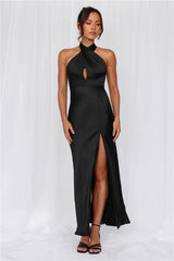 The Adeline Halter Satin Maxi Dress Black