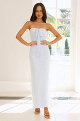 Dollhouse Diaries Strapless Lace Maxi Dress Blue