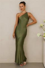 The Evangeline One Shoulder Satin Maxi Dress Olive