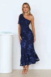 Glossy Girl One Shoulder Mesh Maxi Dress Navy