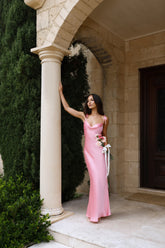 The Penelope Cowl Satin Maxi Dress Candy