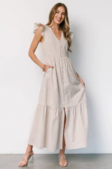 Hettie Button Maxi Dress | Beige Stripe