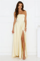Unspoken Wishes Strapless Satin Maxi Dress Yellow