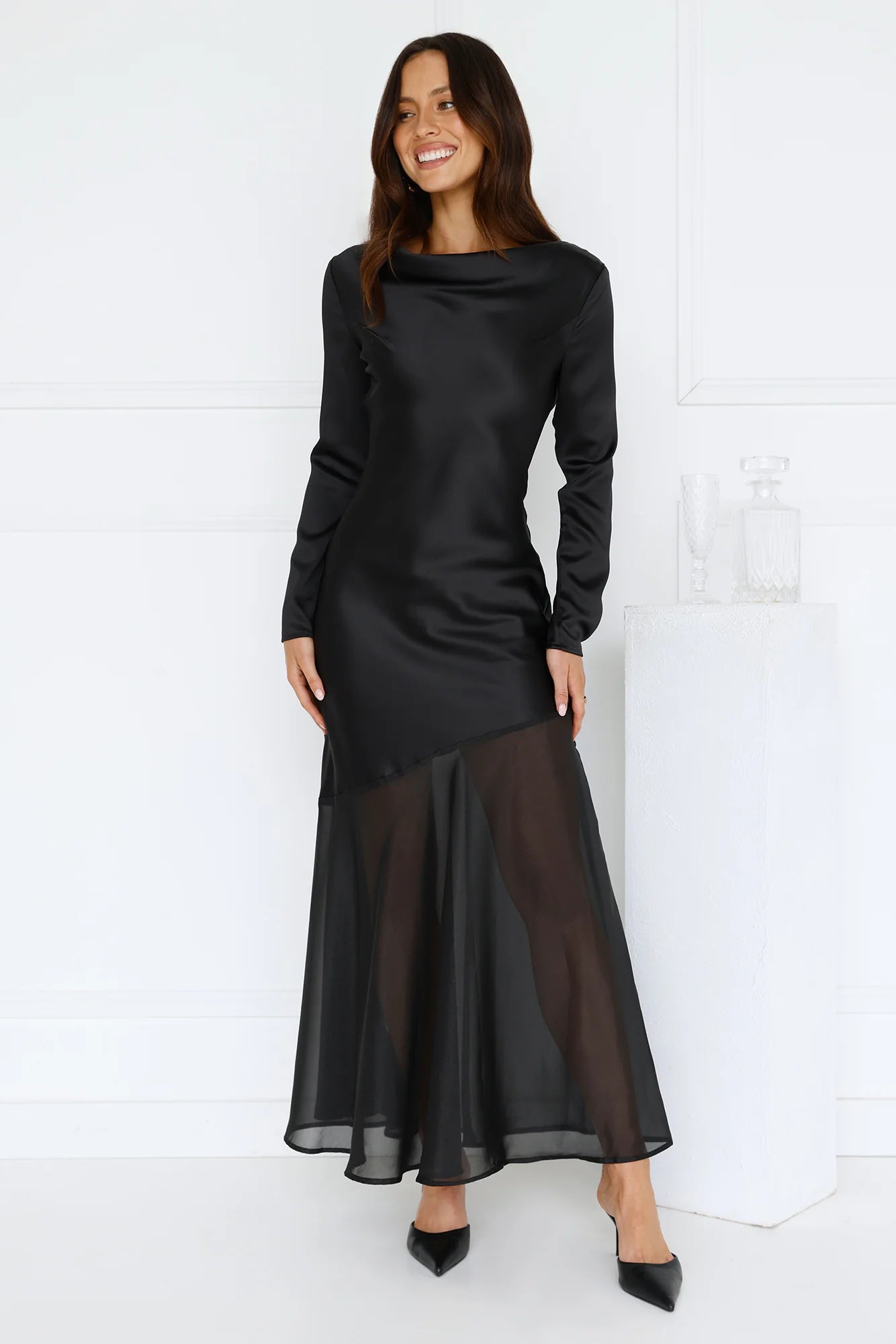 Exquisite Luxury Satin Long Sleeve Maxi Dress Black