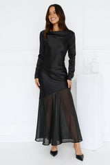 Exquisite Luxury Satin Long Sleeve Maxi Dress Black