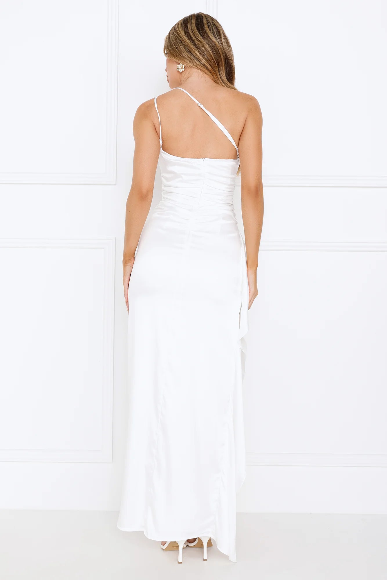 Extra Special One Shoulder Satin Maxi Dress White