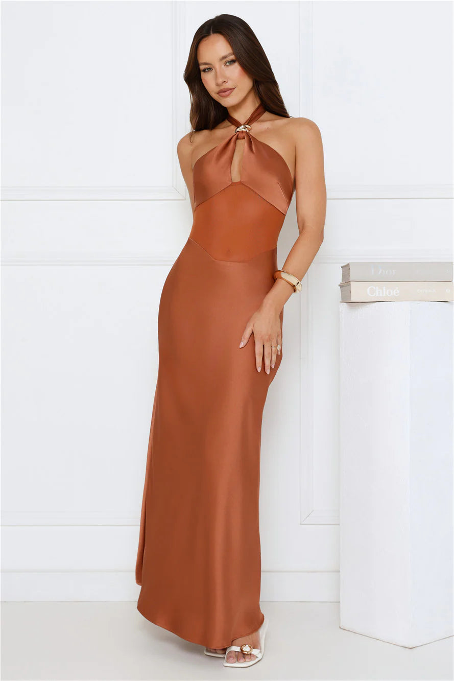 Formal Statement Halter Satin Maxi Dress Mocha