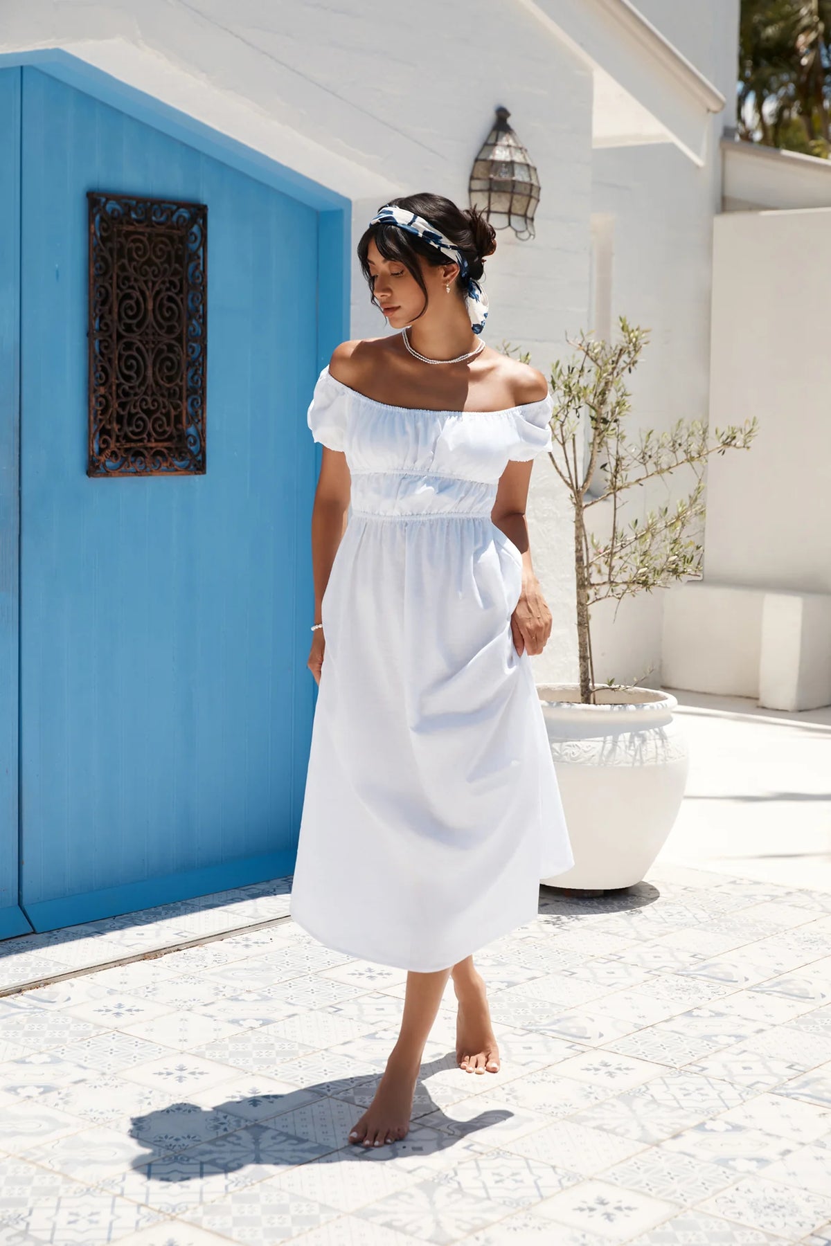 Beach Bonfire Off Shoulder Midi Dress White