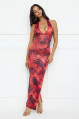 Watermelon Splash Halter Mesh Maxi Dress Red