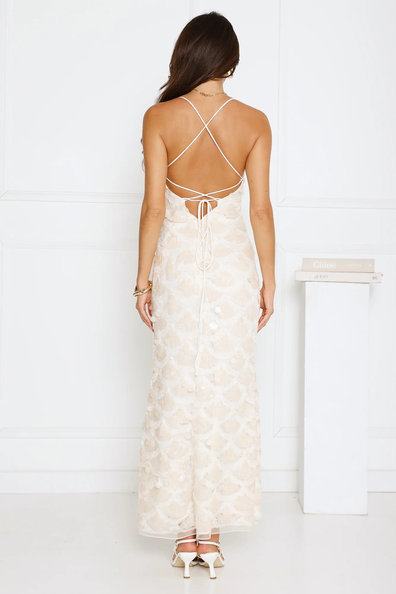 After Party Edit Halter Sequin Maxi Dress Cream