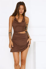 Golden Hour Flirt Halter Mini Dress Brown