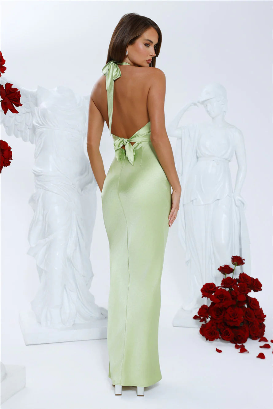 Clover Fields Satin Halter Maxi Dress Lime