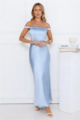 Formal Hourglass Off Shoulder Satin Maxi Dress Blue