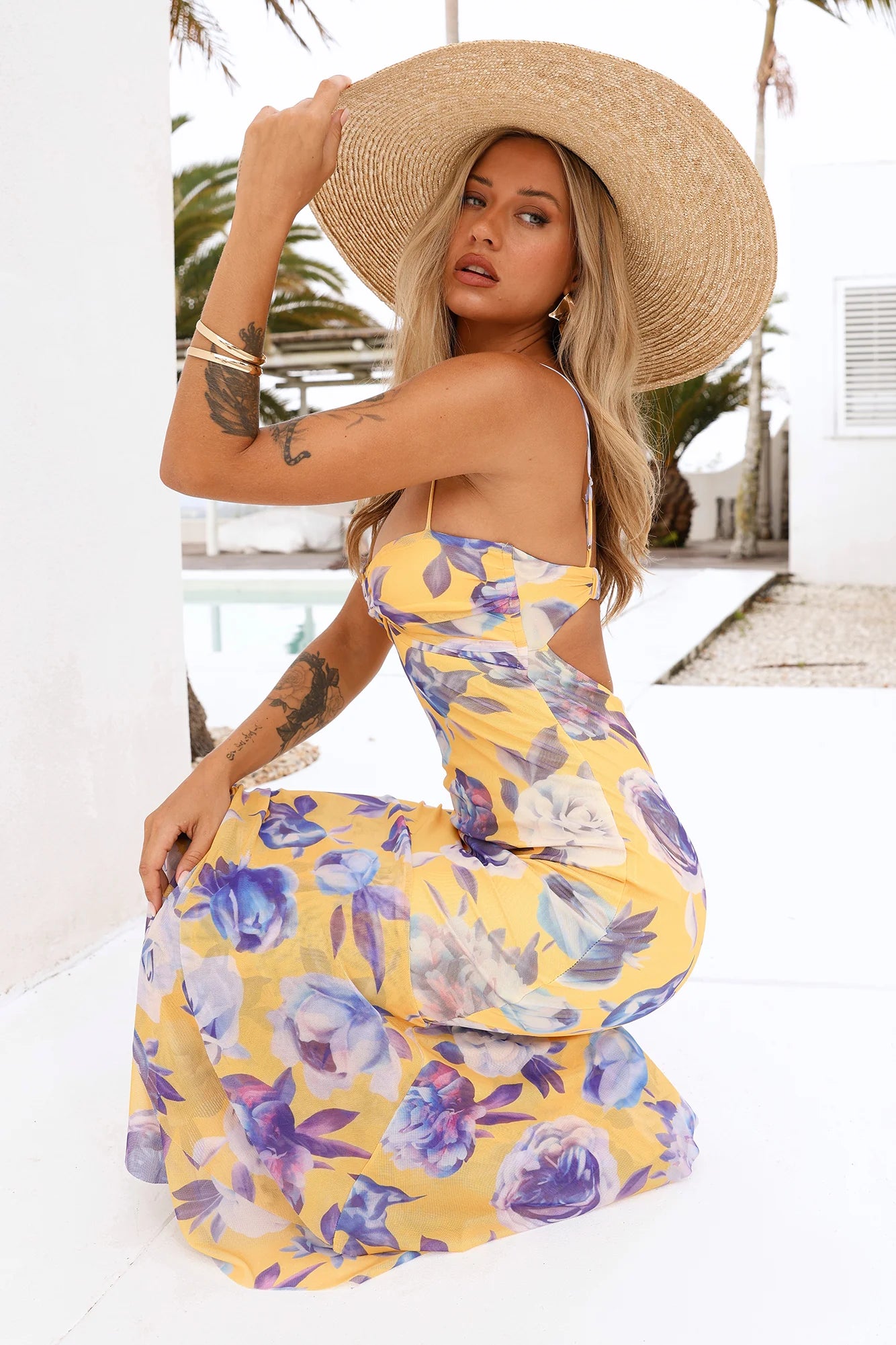 Violet Blooms Mesh Maxi Dress Yellow
