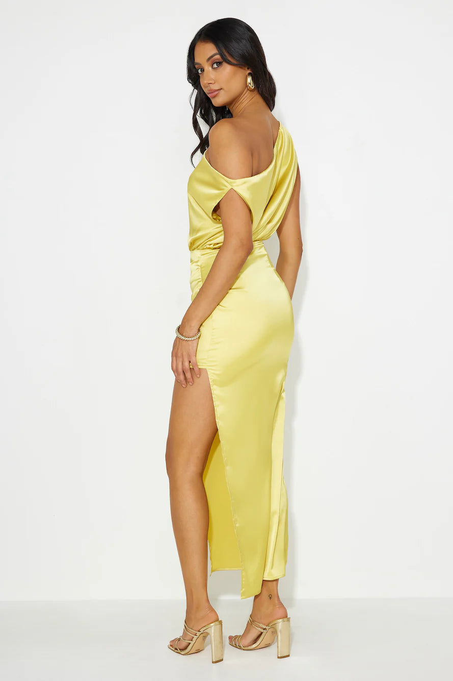 Elite Girl Off Shoulder Satin Maxi Dress Yellow