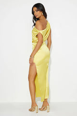Elite Girl Off Shoulder Satin Maxi Dress Yellow