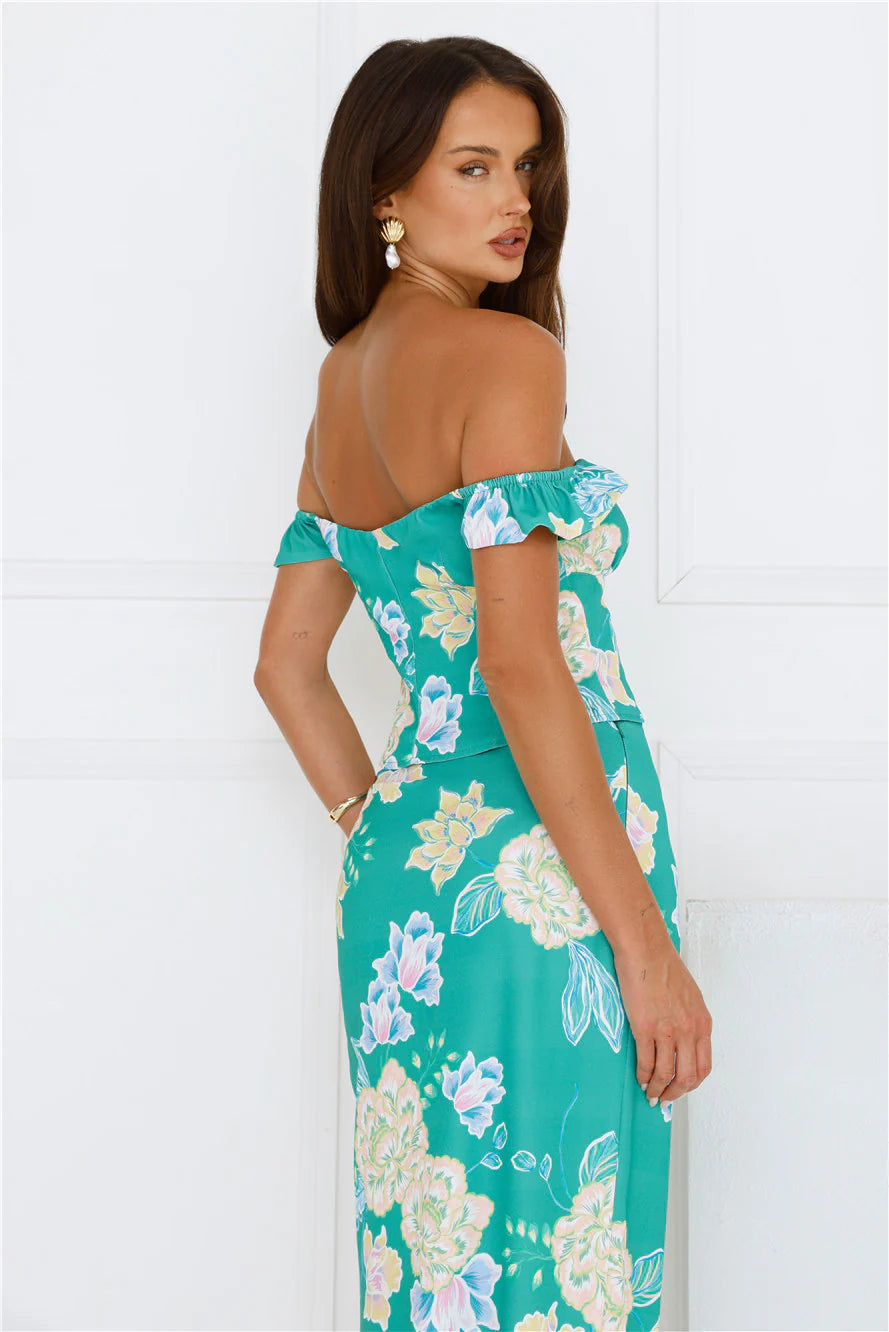 Citrus Wildflowers Off Shoulder Top Green