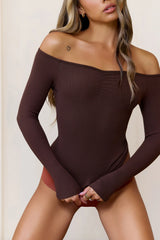 BASE Luxe Rib Pure Comfort Off Shoulder Long Sleeve Top Chocolate