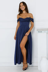 Golden Affair Off Shoulder Satin Maxi Dress Navy