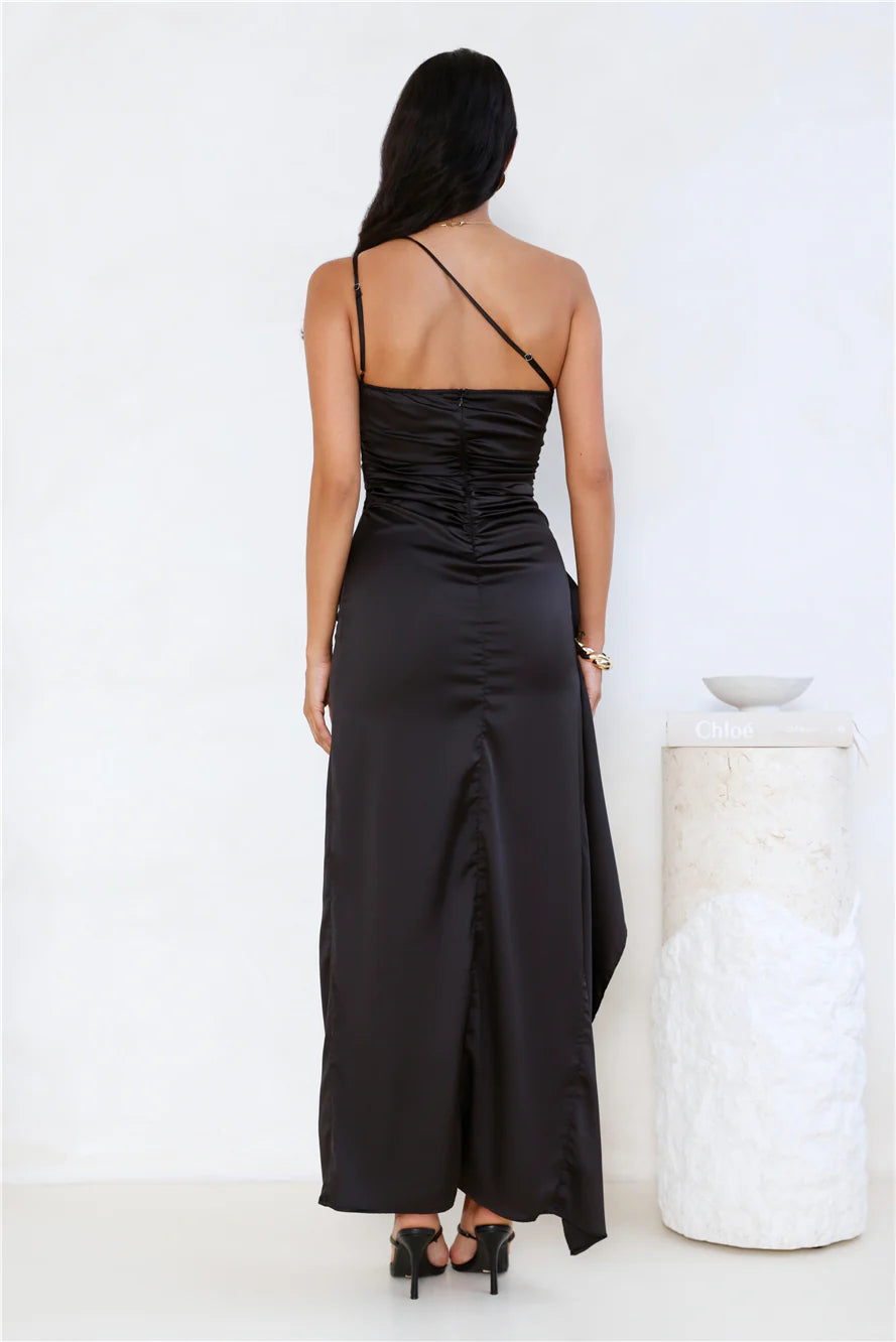 Extra Special One Shoulder Satin Maxi Dress Black