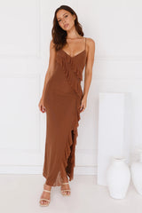 Flaunt It Girl Frill Mesh Maxi Dress Chocolate